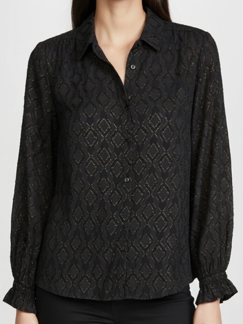 Vince Camuto Women's Blouse Sz M Black Burnout With Sparkle Gold Front Button